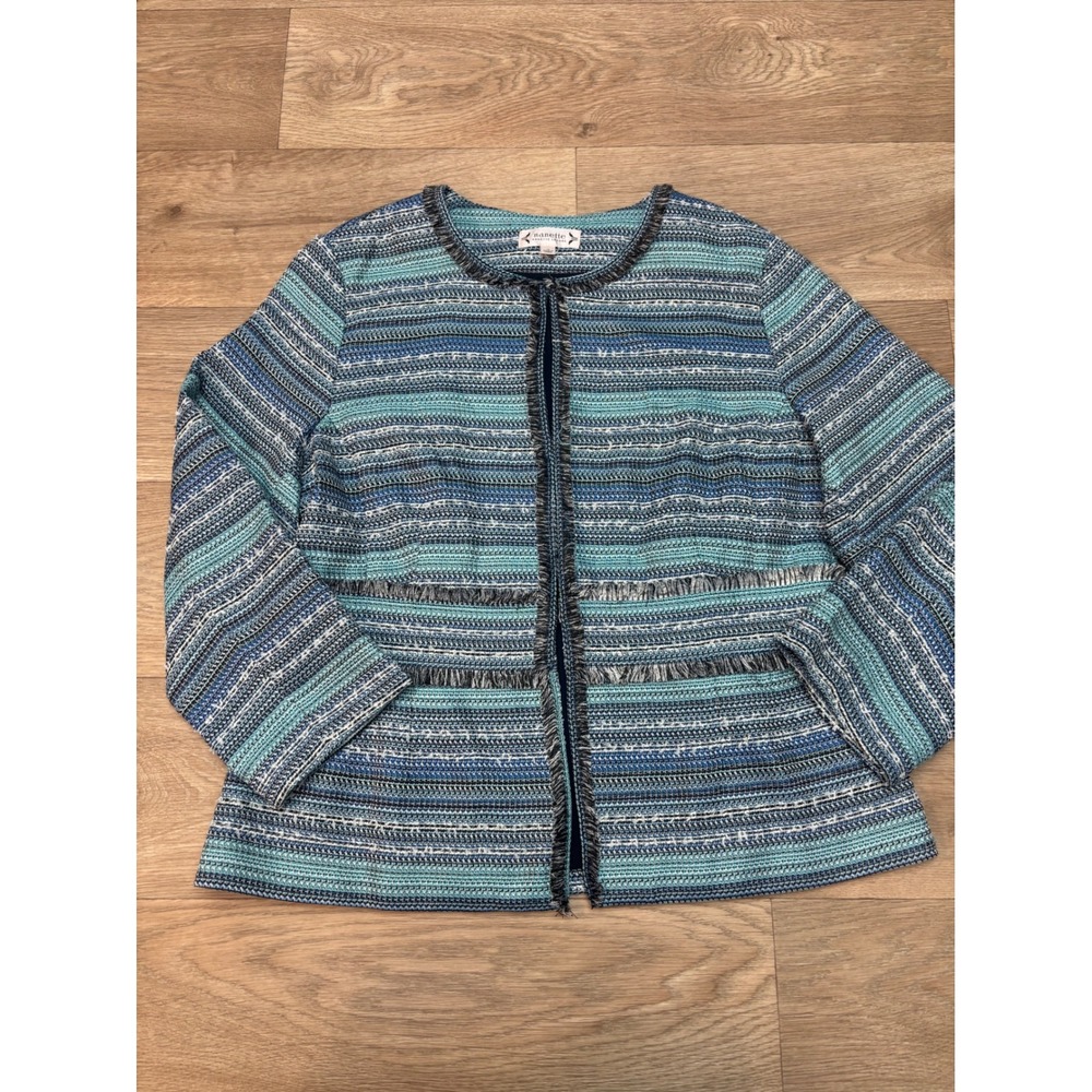 Nanette Lepore Blue Teal Striped Tweed Fringe Open Front Jacket Blazer Size 12